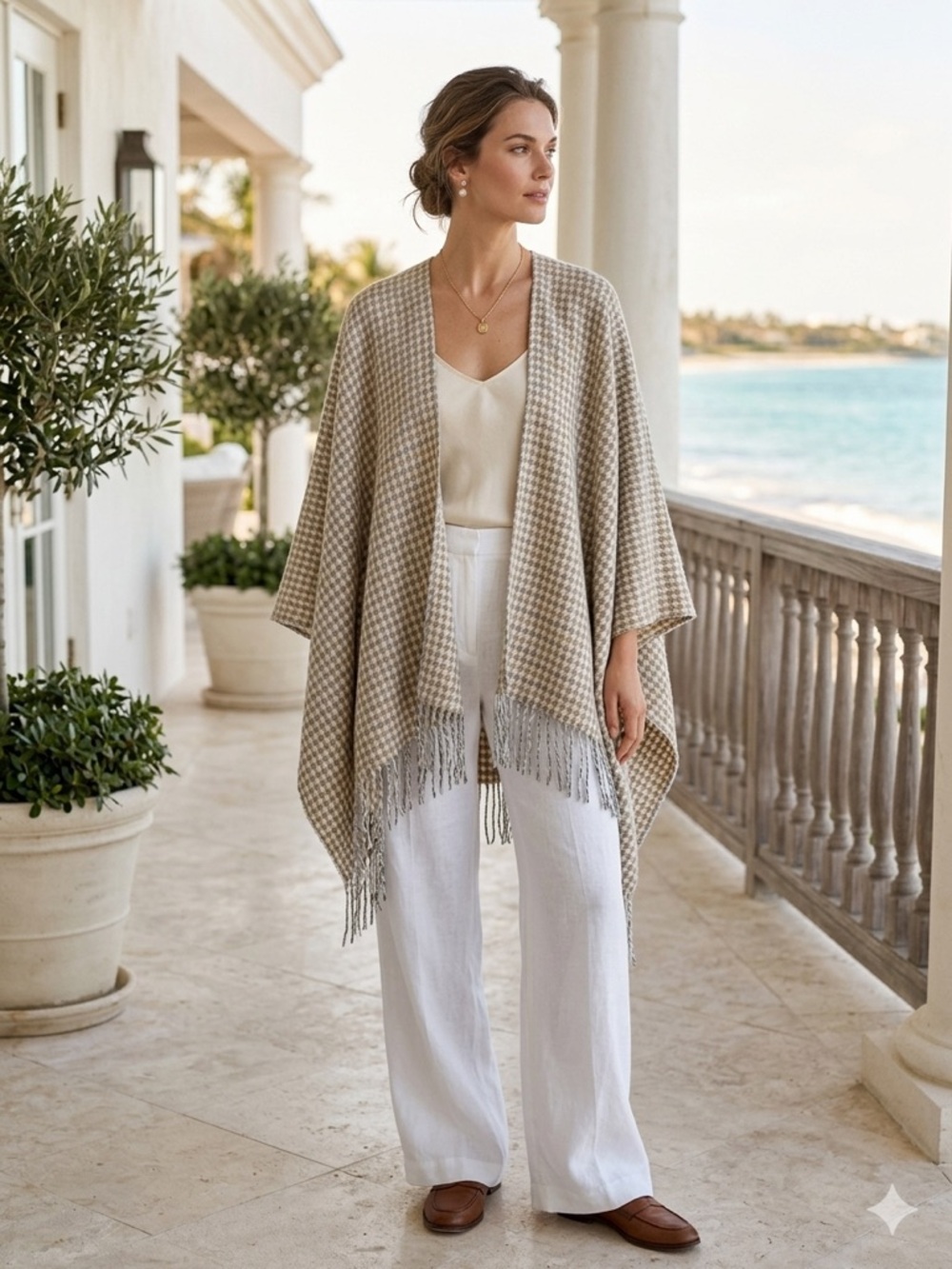 V. Fraas Houndstooth Poncho Wrap Cape Shawl Tan Gray Fringe OS Academic Coastal